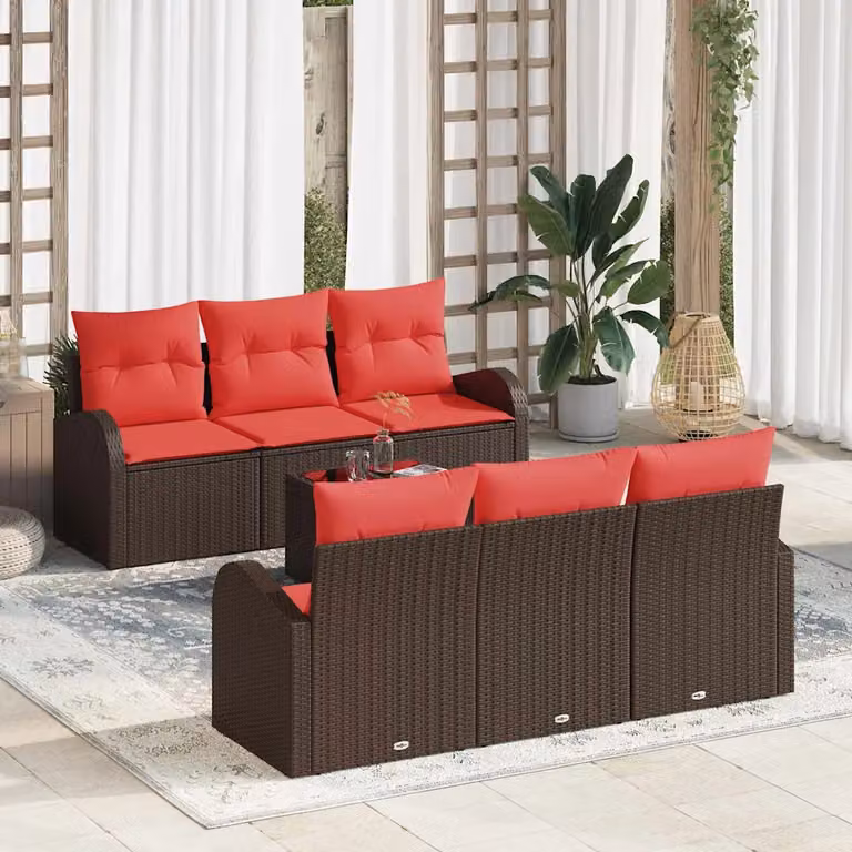 Set Divano da Giardino vidaXL 7 Pezzi con Tavolino, Struttura in Metallo e Cuscini, Beige, Rosso e Marrone