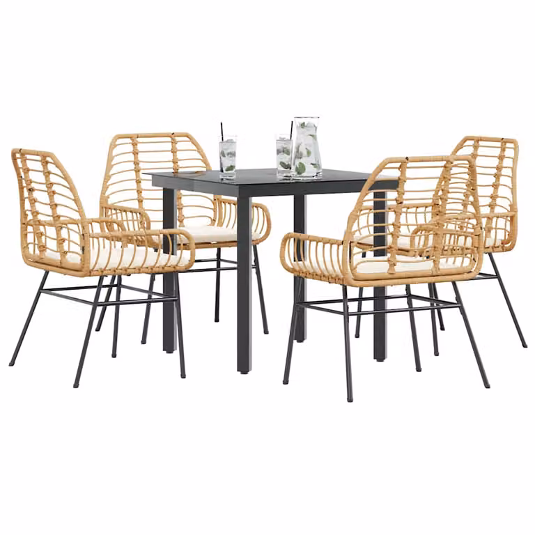 Set da Pranzo da Giardino vidaXL in Polyrattan con Tavolo in Vetro e 5 Cuscini, Design Moderno
