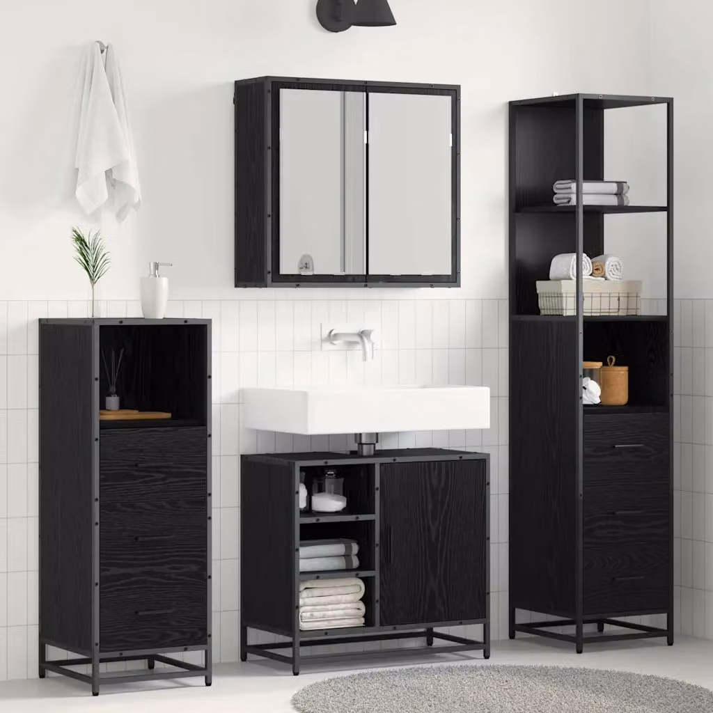 Set di mobili per il bagno moderno vidaXL in 3 pezzi, colore nero e rovere, con armadietto a specchio, mobile lavabo e colonna alta, L/P/H: 65 x 33 x 166 cm – 1