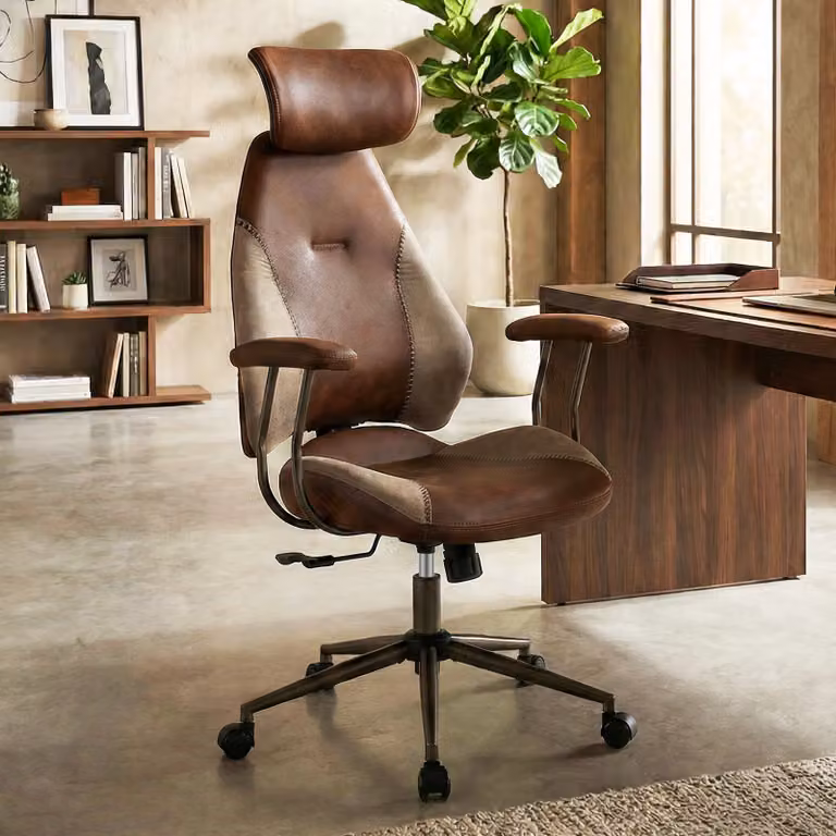 Sedia da ufficio ergonomica Costway in tessuto marrone con poggiatesta 2D, schienale oscillante e ruote girevoli