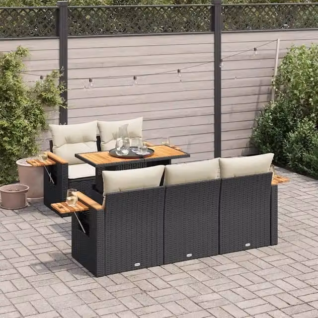 Set Divano da Giardino 6 pz con Cuscini Nero Polyrattan Acacia 3327549