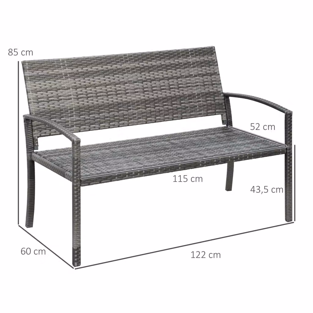 Panchina da giardino moderna WISHDOR a 2 posti in polyrattan grigio con struttura in metallo e braccioli – 2