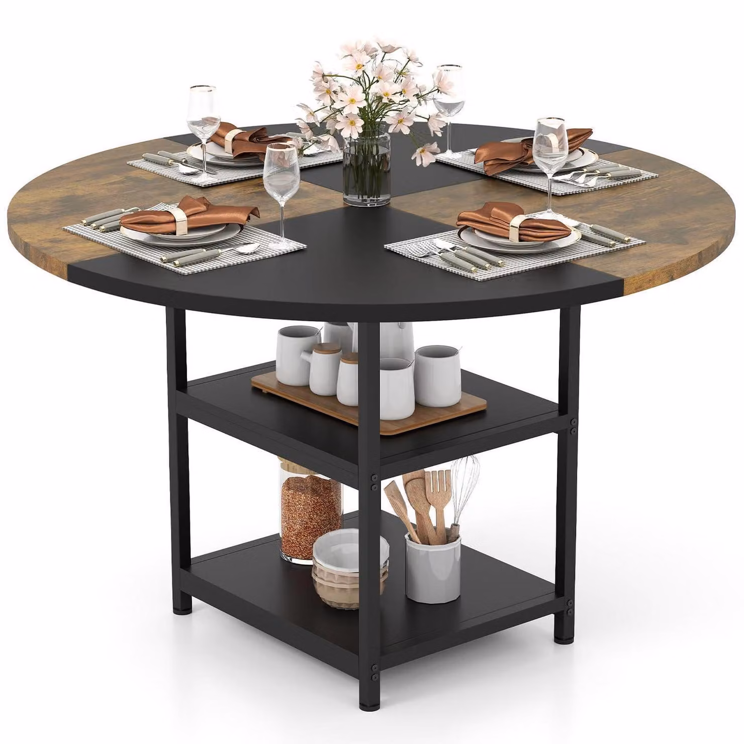 Tavolo rotondo da pranzo per 4-6 persone, con 2 ripiani aperti, design bicolore a contrasto, tavolo in legno rustico con struttura in metallo, diametro 119 cm