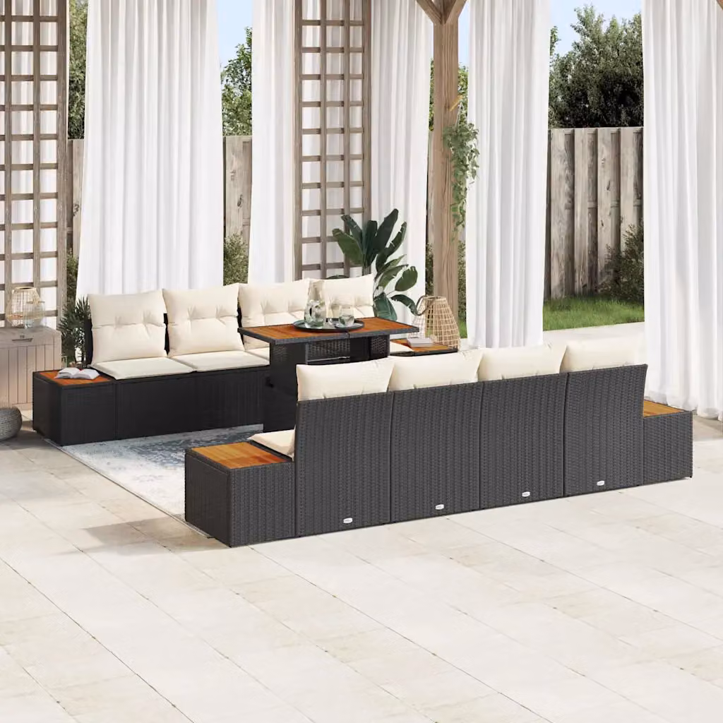 Set Divano da Giardino Moderno vidaXL in Rattan e Metallo, 9 Pezzi, Nero Opaco
