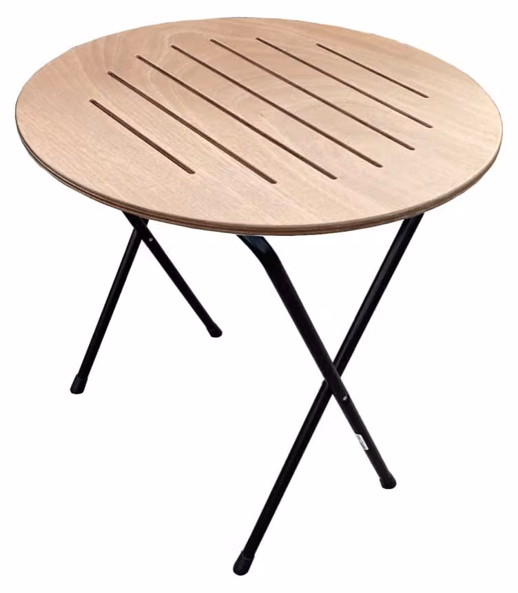 Tavolo pieghevole rotondo, diametro 68 cm, in legno di okumé, con gambe in metallo pieghevoli