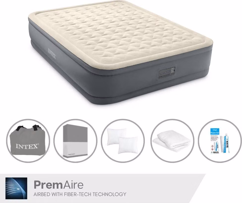 Intex Airbed - 2 persone - 152 x 203 x 46 cm - Grigio - Con pompa elettrica, lenzuola antracite, cuscino, federe Molton 2 in 1 e set di riparazione