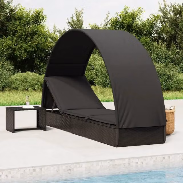 Lettino da giardino vidaXL con tetto rotondo e parasole in polyrattan nero L/P/H: 211 x 57 x 140 cm