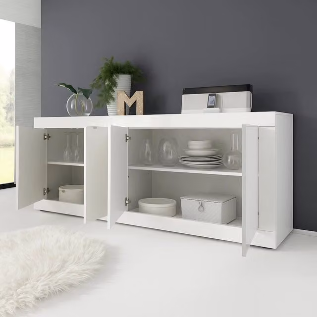 Madia Poli DMORA, Credenza Moderna con 2 Ripiani e Ante a Battente, Bianco Lucido, L: 207 cm, P: 43 cm, H: 86 cm – 1
