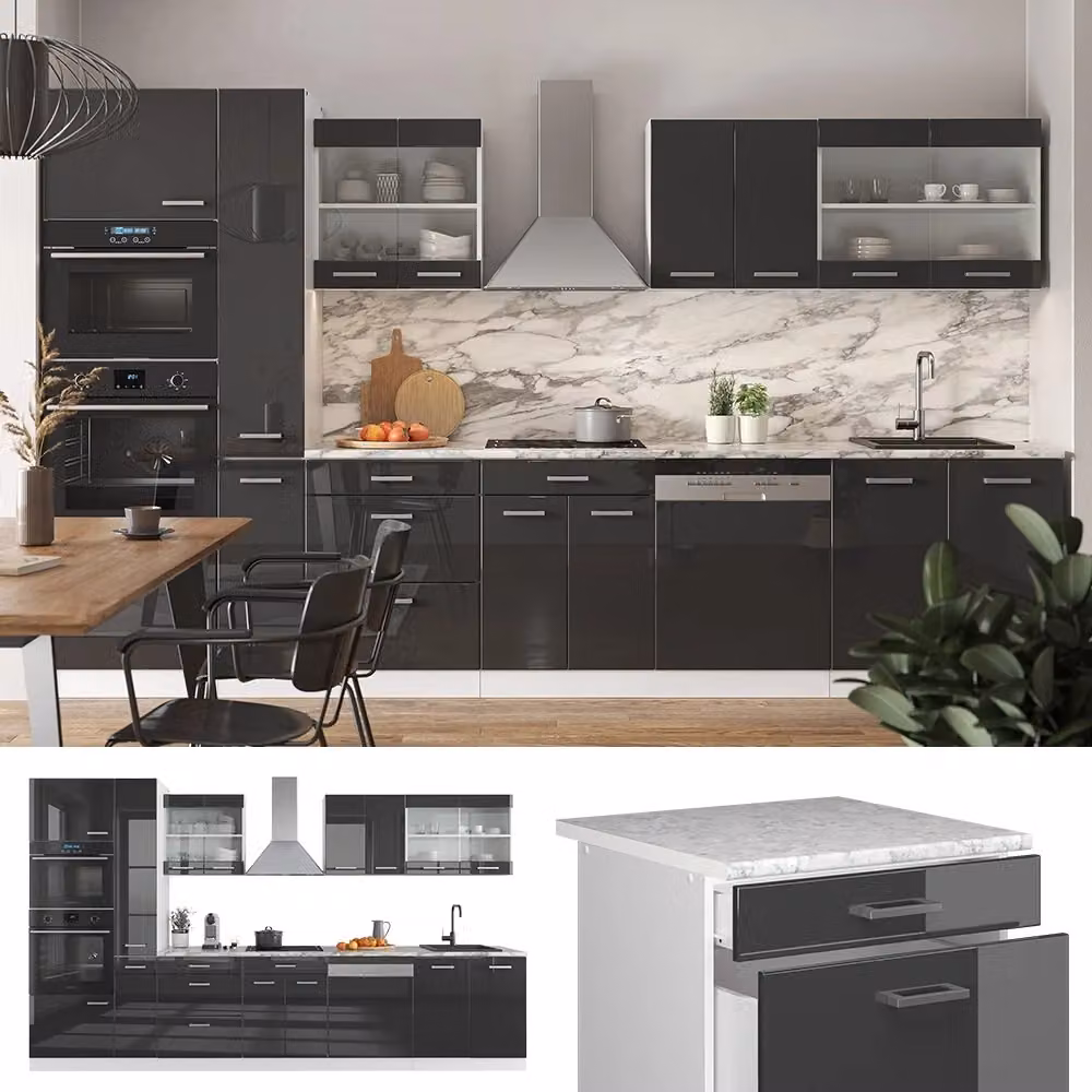 Mobile da cucina moderno Vicco R-Line Antracite lucido e Bianco L: 350 cm – 2