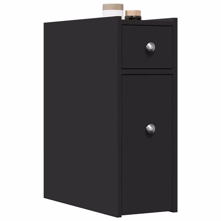 Armadietto da bagno stretto con ruote vidaXL nero in legno e MDF con ante e cassetti