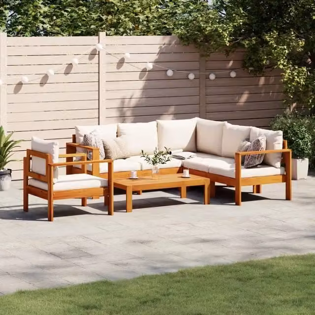 Set Divano da Giardino a L vidaXL in Legno di Acacia con Cuscini Bianchi 5 Pezzi – 1