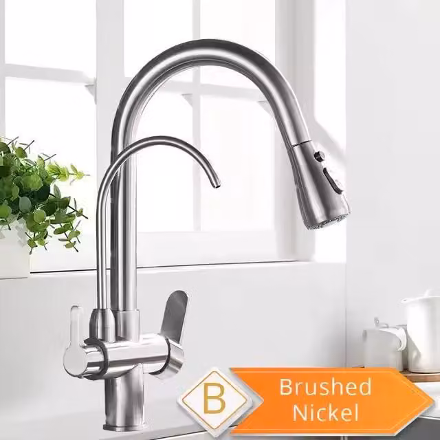 Rubinetto da cucina per filtro dell'acqua - Miscelatore estraibile - Orientabile a 360° - Tubo flessibile - Acqua calda e fredda - Acciaio inossidabile - Montaggio su piano di lavoro - Nichel spazzolato