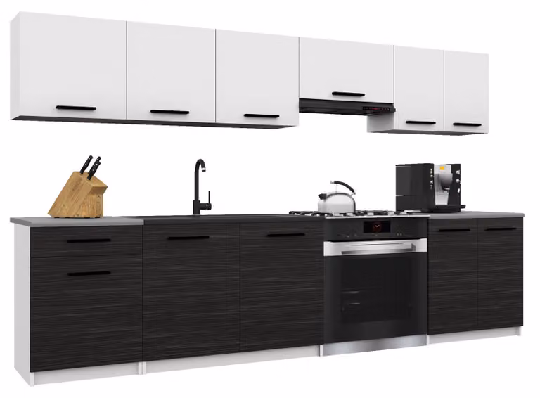 Belini - Angolo cottura moderno ITALIA 2 - Mobili da cucina 240 cm bianco-ebano opaco - Cucina componibile con pensili, mobili base e piani di lavoro