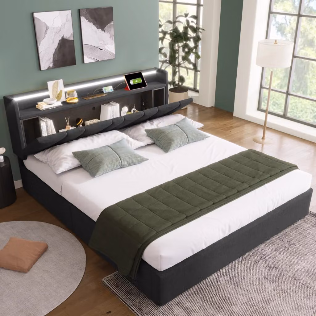 Letto contenitore matrimoniale Chicfurn con testiera portaoggetti, luci LED integrate, porte USB e Type-C, materasso ibrido incluso, grigio, L/P/H: 140 x 200 x 105 cm – 2