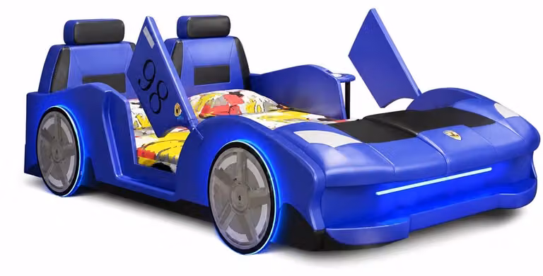 Letto a forma di auto per bambini, blu, con luci LED e altoparlante Bluetooth. Lettoni per bambini