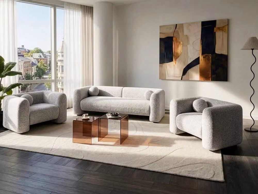 Set da salotto Beliani IT in tessuto bouclé beige composto da divano a 3 posti e 2 poltrone con cuscini inclusi e struttura in legno massello stile glamour per il tuo soggiorno – 2