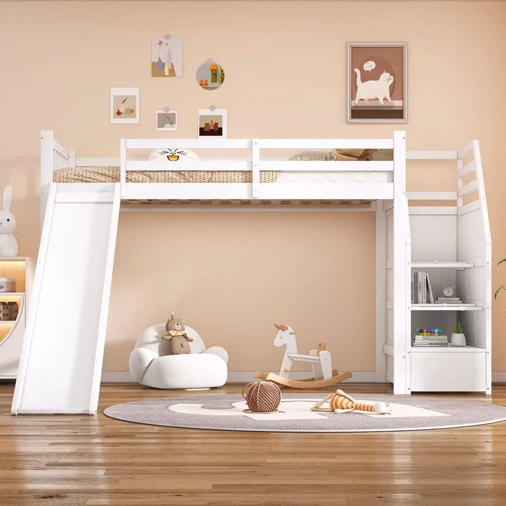 Letto a soppalco singolo REDOM per bambini con scivolo, scala contenitore e scomparti laterali, bianco, L/P/H: 200 x 90 x 147 cm – 2