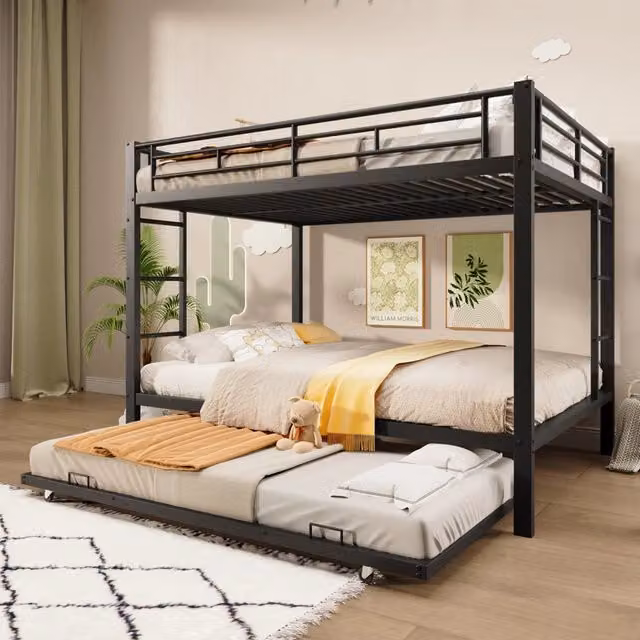 Letto a castello a 3 posti 140 × 200 cm con letto estraibile e sponde alte, senza materasso, metallo nero