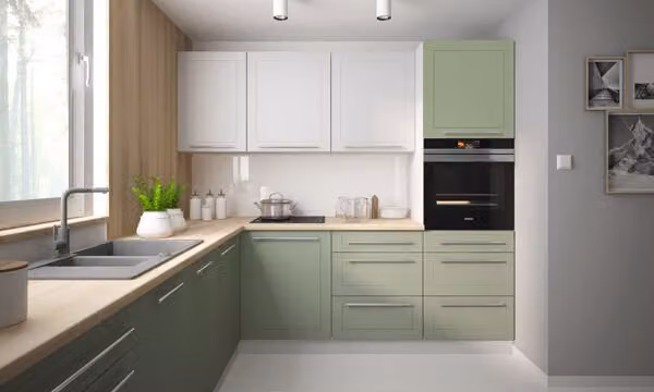 Mobile da cucina 245x240cm grigio / bianco segnale - verde pallido laccato opaco Mobile da cucina