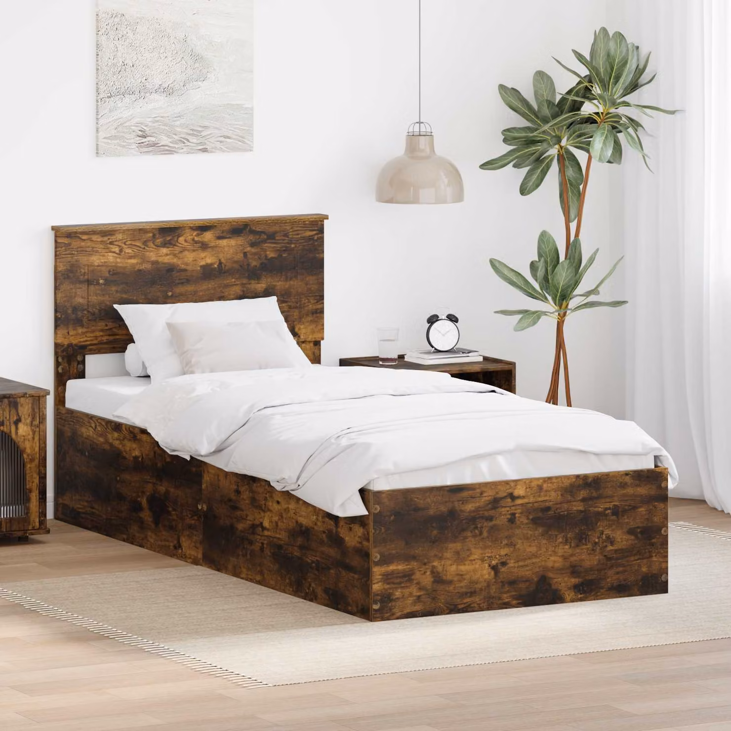Struttura del letto con testiera vidaXL in legno Rovere fumé, L 90 x P 190 cm