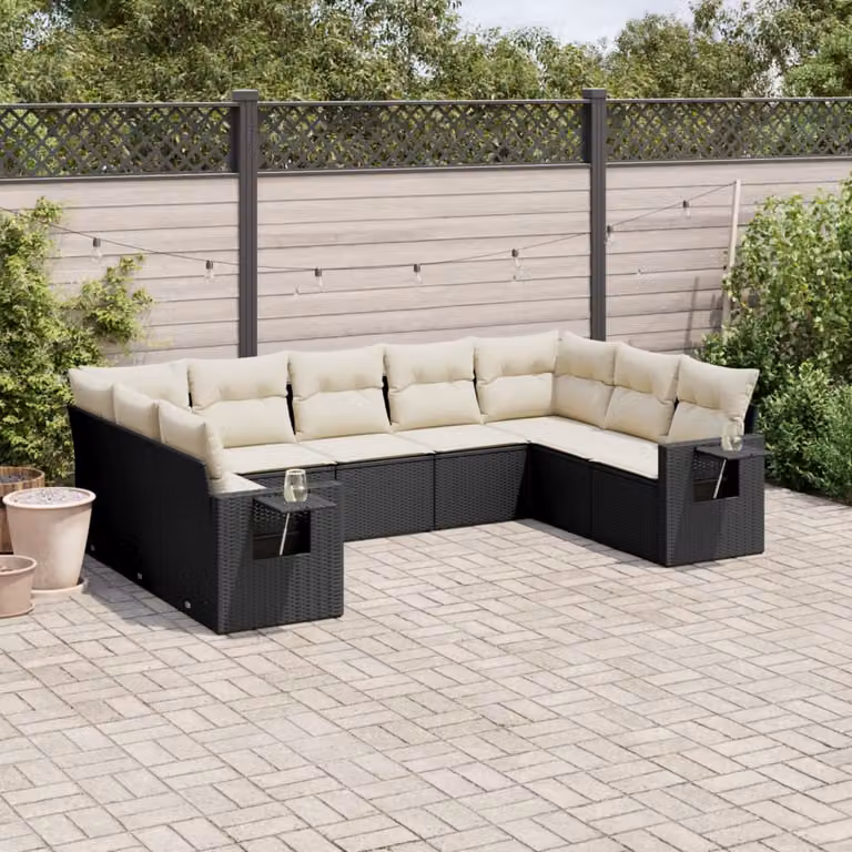 vidaXL Set Divani da Giardino 9 pz in Polyrattan Nero con Cuscini e Tavolino