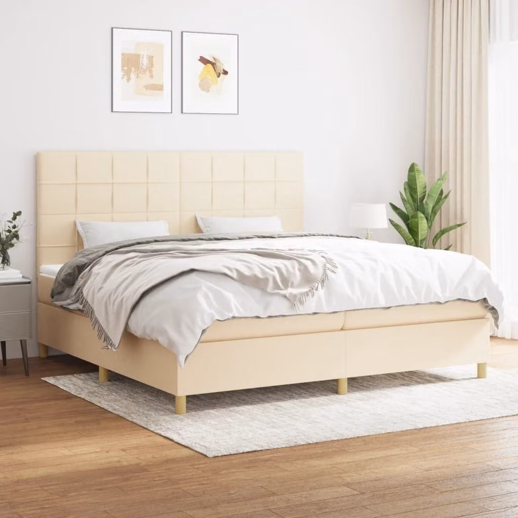 The Living Store Letto a molle con materasso crema 200x200 cm in tessuto