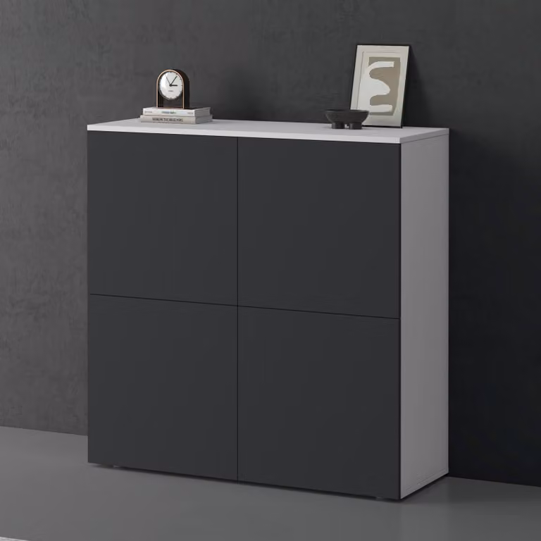 doporro Mobile Organizzatore Credenza Buffet in Legno con 4 Ante Push-to-Open e Soft-Close per Soggiorno, Sala da Pranzo o Ingresso, 100x36,4x100 cm Bianco opaco e Antracite opaco Schrank04