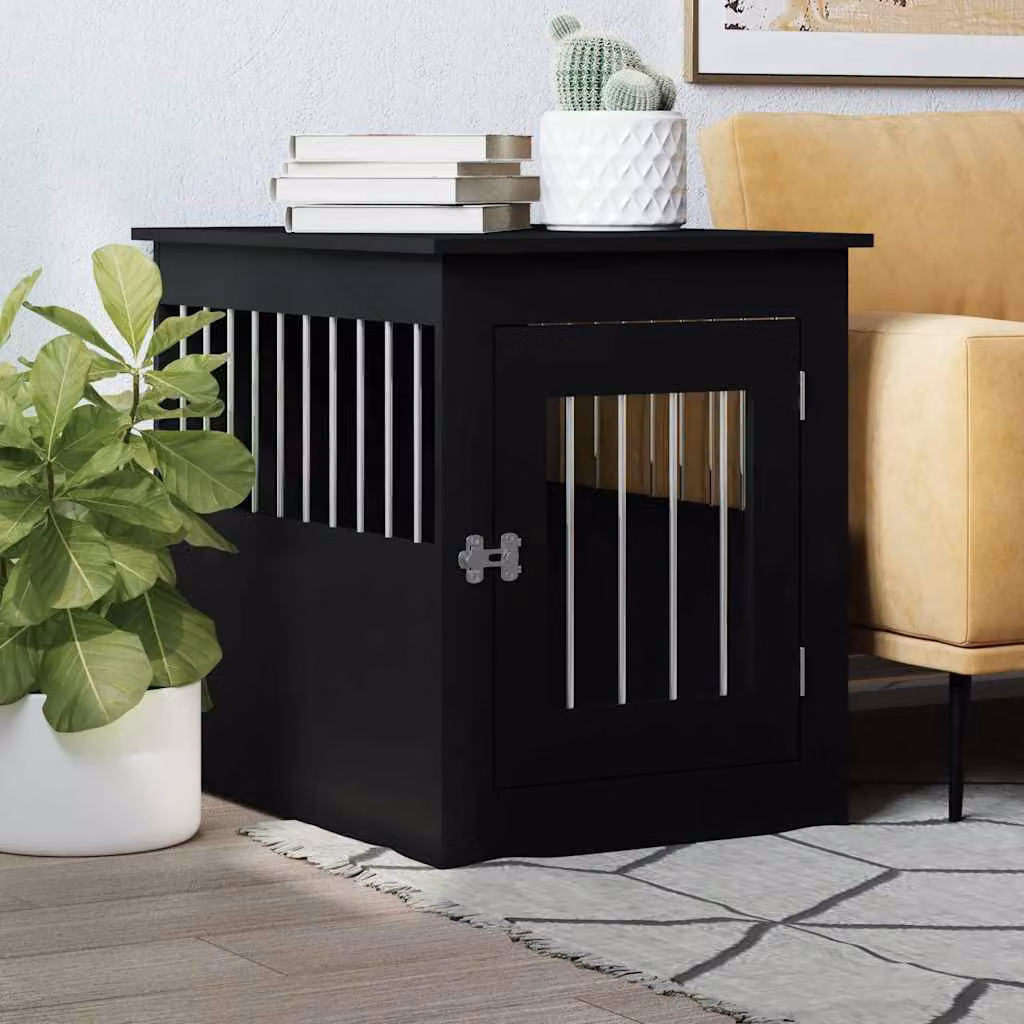 Gabbia per cani da arredamento vidaXL in legno multistrato e metallo, colore nero, L 55 cm x P 75 cm x H 65 cm