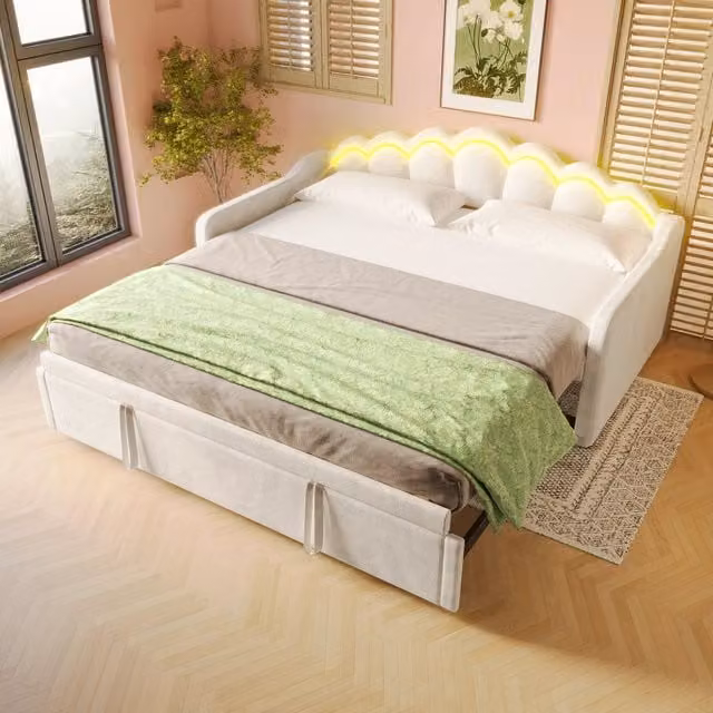 Divano letto estraibile 90x200 cm a 180x200 cm in velluto beige con luci LED