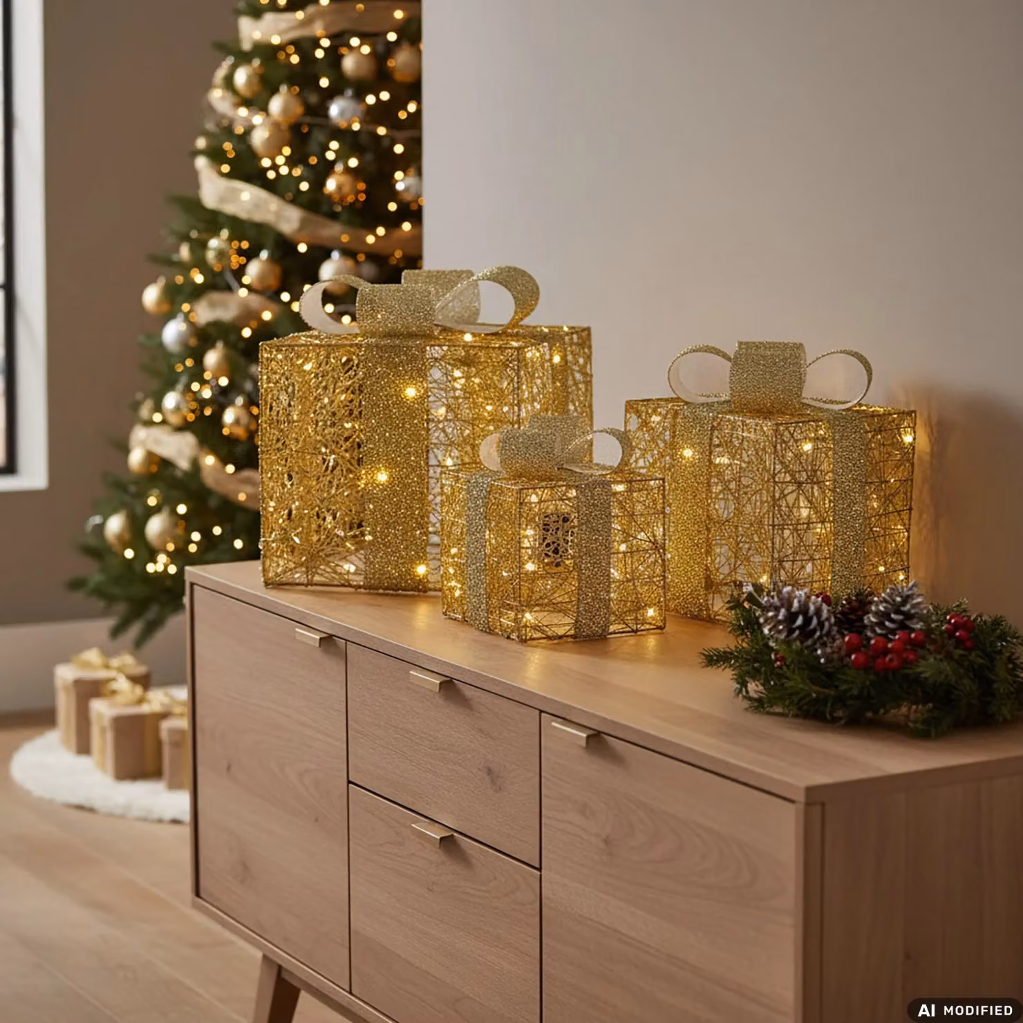 DICTROLUX Set di 3 Pacchi Regalo Luminosi Oro con 60 MicroLED Bianco Caldo – 2