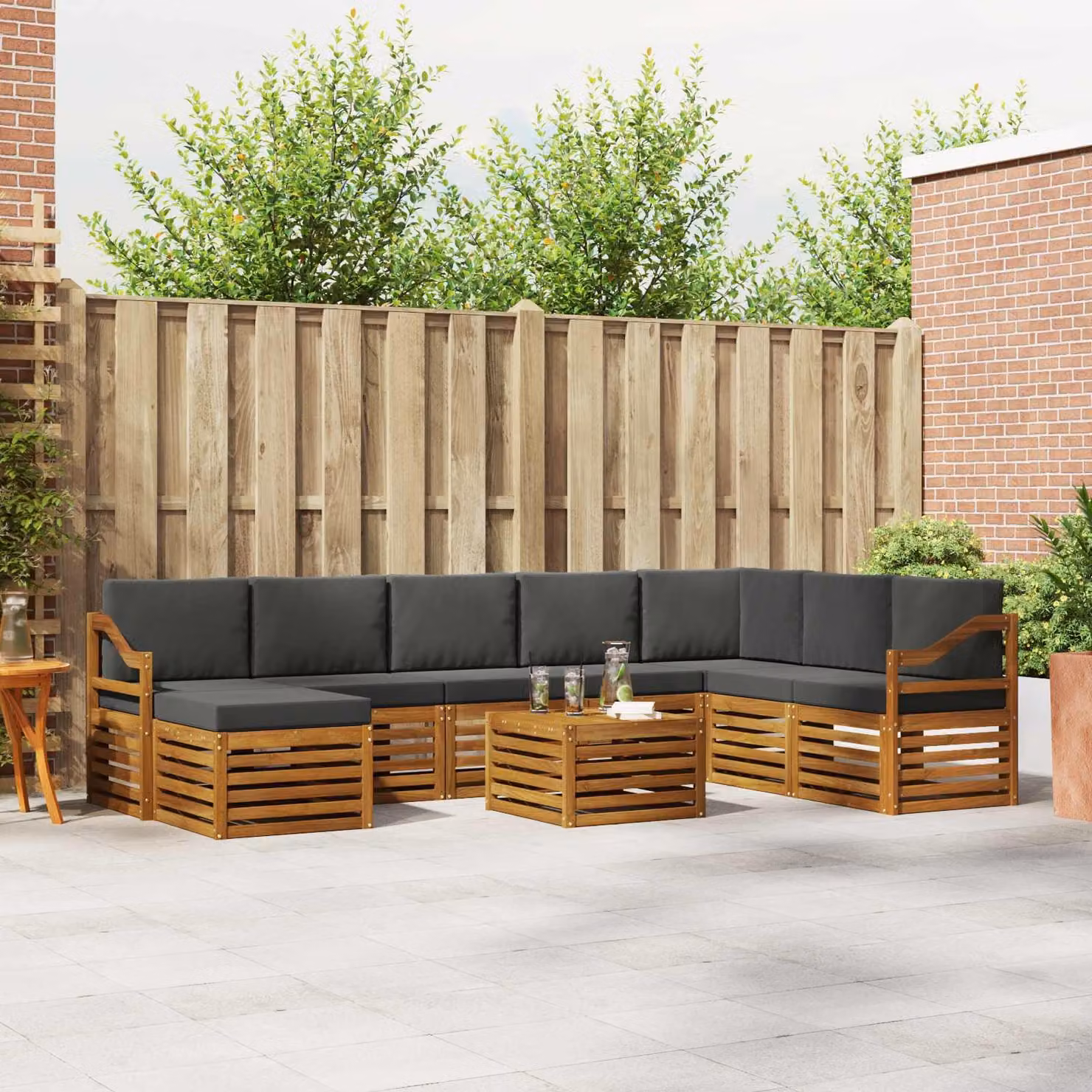 vidaXL Set di divani da esterno a L in legno di acacia con 9 pezzi, colore beige e antracite