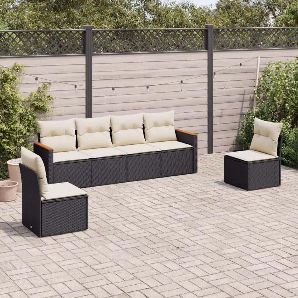 Set Divano da Giardino vidaXL 6 pz con Cuscini, Struttura in Metallo e Polyrattan, Nero e Bianco – 1