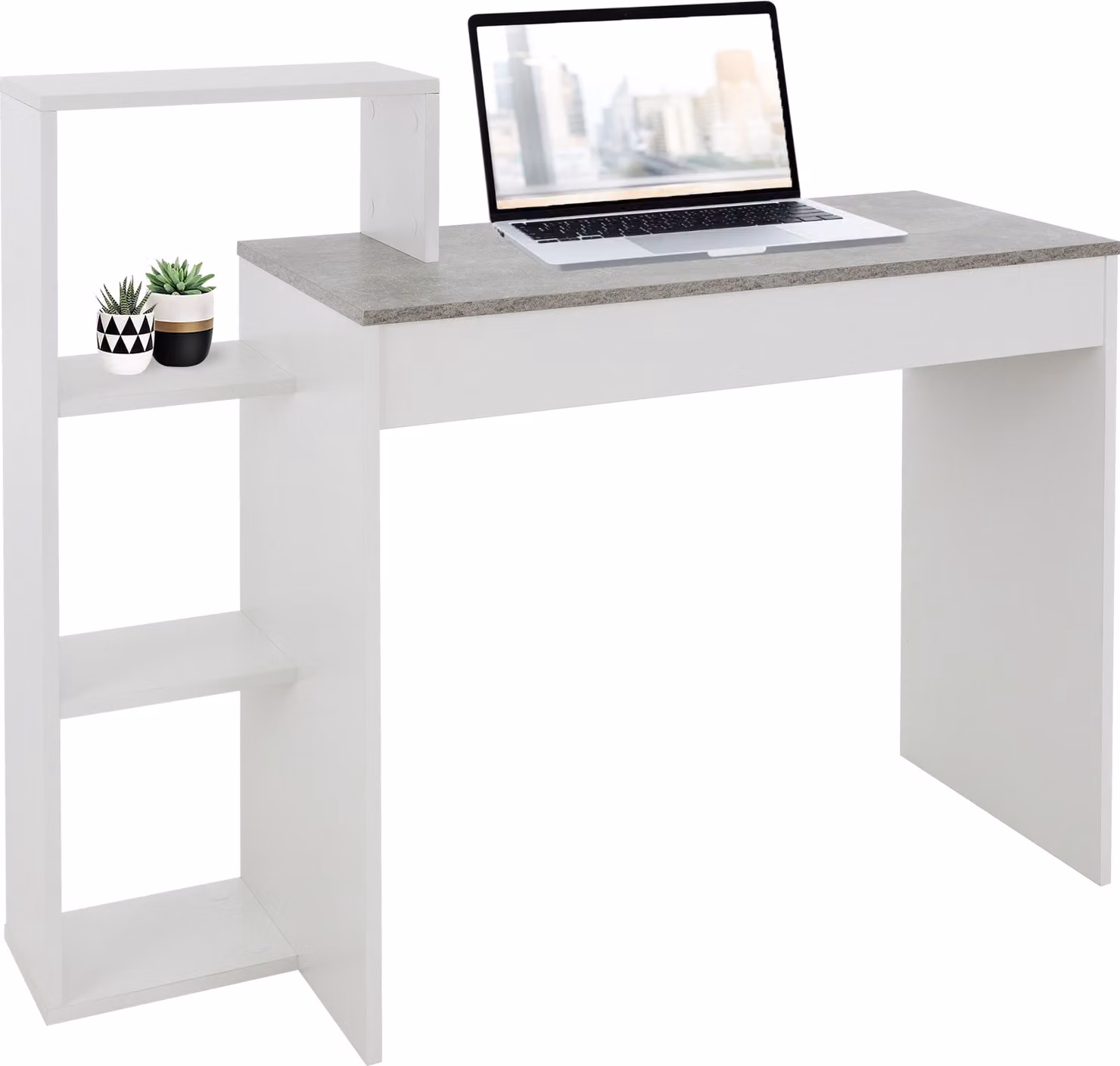ML-Design scrivania con ripiano, scrivania per computer, bianca con piano in cemento, 3 ripiani, 110x72x40 cm, legno, sistema 2 in 1, per la casa