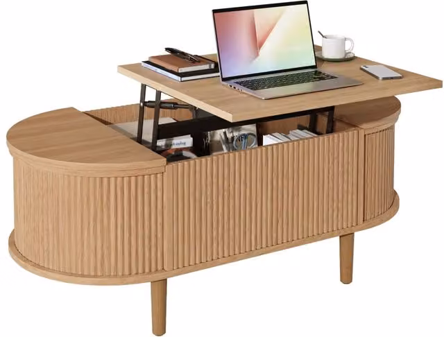 Tavolino da Salotto Ovale Regolabile con Vano Portaoggetti, Stile Vintage, Gambe in Legno Massiccio, Mobile Multifunzione Moderno per Soggiorno