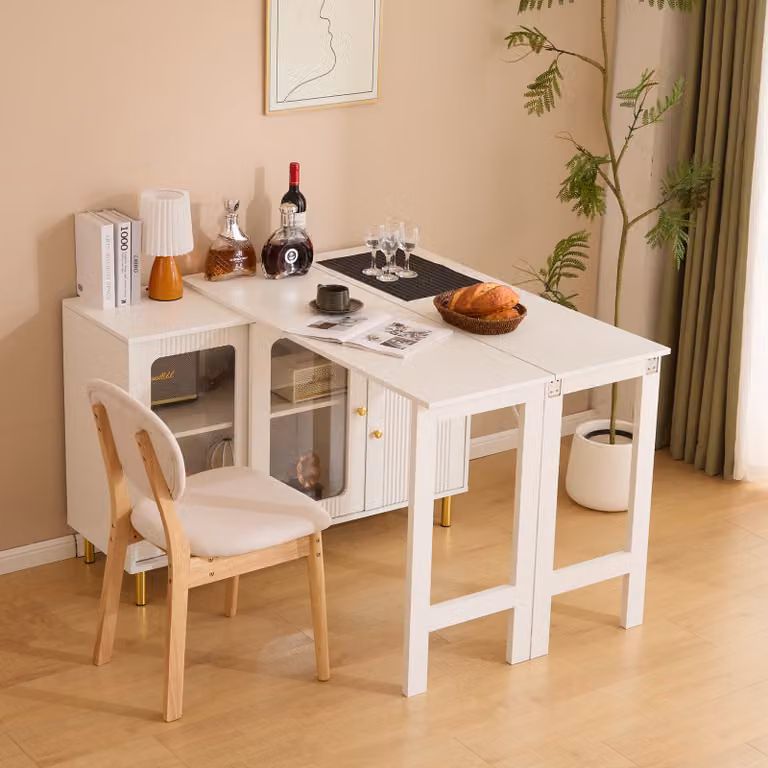 Tavolo da pranzo girevole Flieks tavolo bar, tavolo da pranzo rettangolare tavolo da cucina allungabile con cassettiera, tavolo alto con credenza, bianco