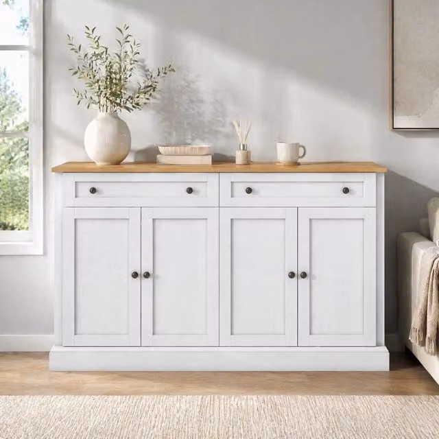 Credenza moderna MIVRAY con 4 ante e 2 cassetti, ripiani regolabili in MDF e truciolare, bianco e legno naturale, L 150 x P 40 x H 86 cm