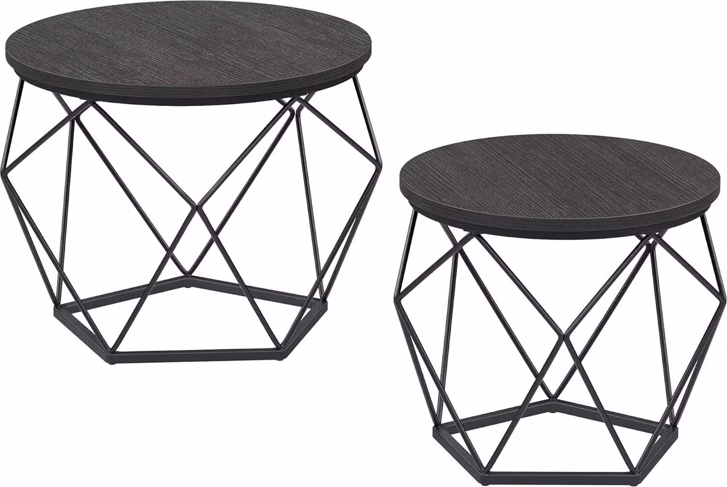 VASAGLE Tavolini rotondi, set di 2 tavolini, stile moderno, piano estraibile, struttura in acciaio, per soggiorno, nero