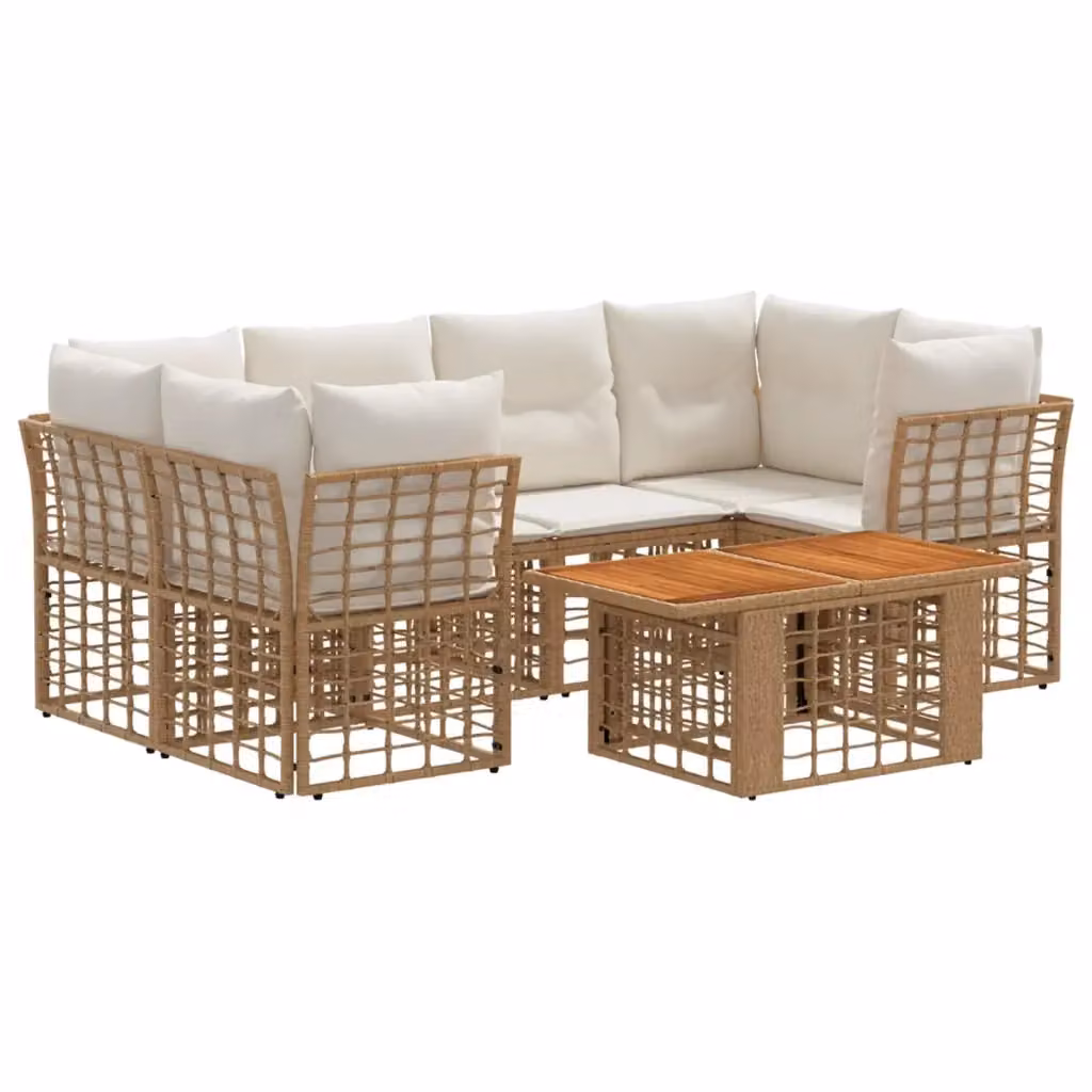 Set Divano da Giardino a L con Tavolino vidaXL, 7 Pezzi in Polyrattan Naturale e Bianco Crema con Cuscini Imbottiti e Struttura in Acciaio – 2