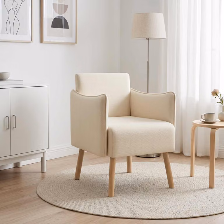Sedia d'accento moderna vidaXL in velluto beige con braccioli e struttura in legno