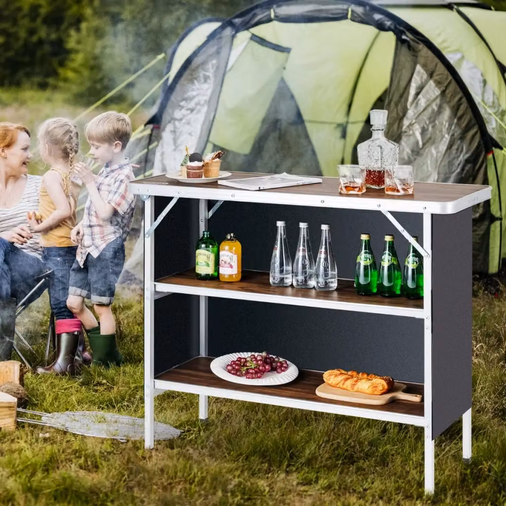 Tavolo da campeggio e picnic pieghevole in alluminio marrone con ripiani aperti e design moderno – 2