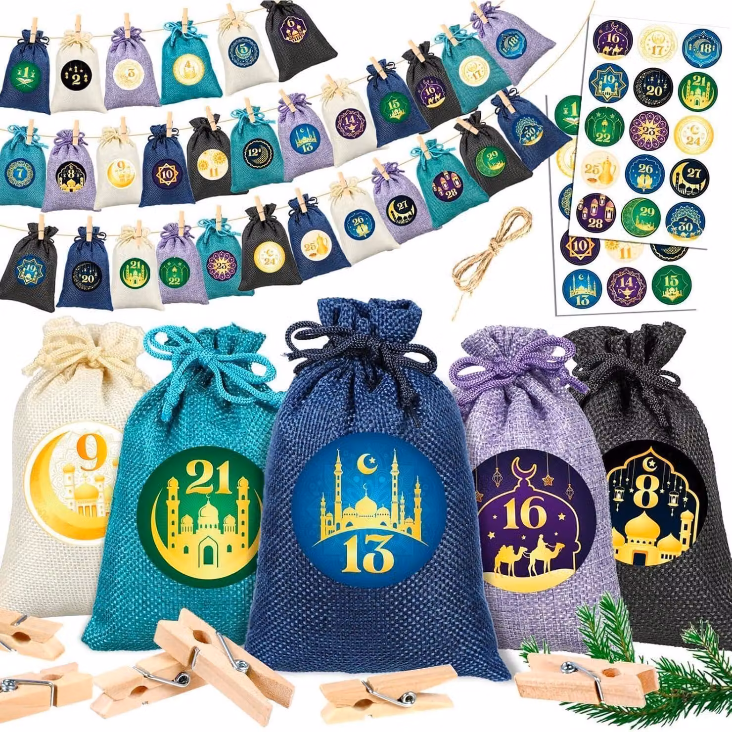 Calendario dell'Avvento per il Ramadan 2025, da riempire, con 30 sacchetti riutilizzabili