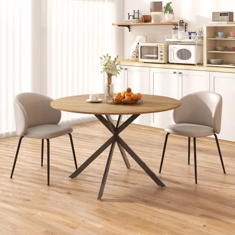 Tavolo da pranzo rotondo OKWISH in stile industriale con piano in legno rovere marrone e base a X in metallo, Ø 120 cm – 2