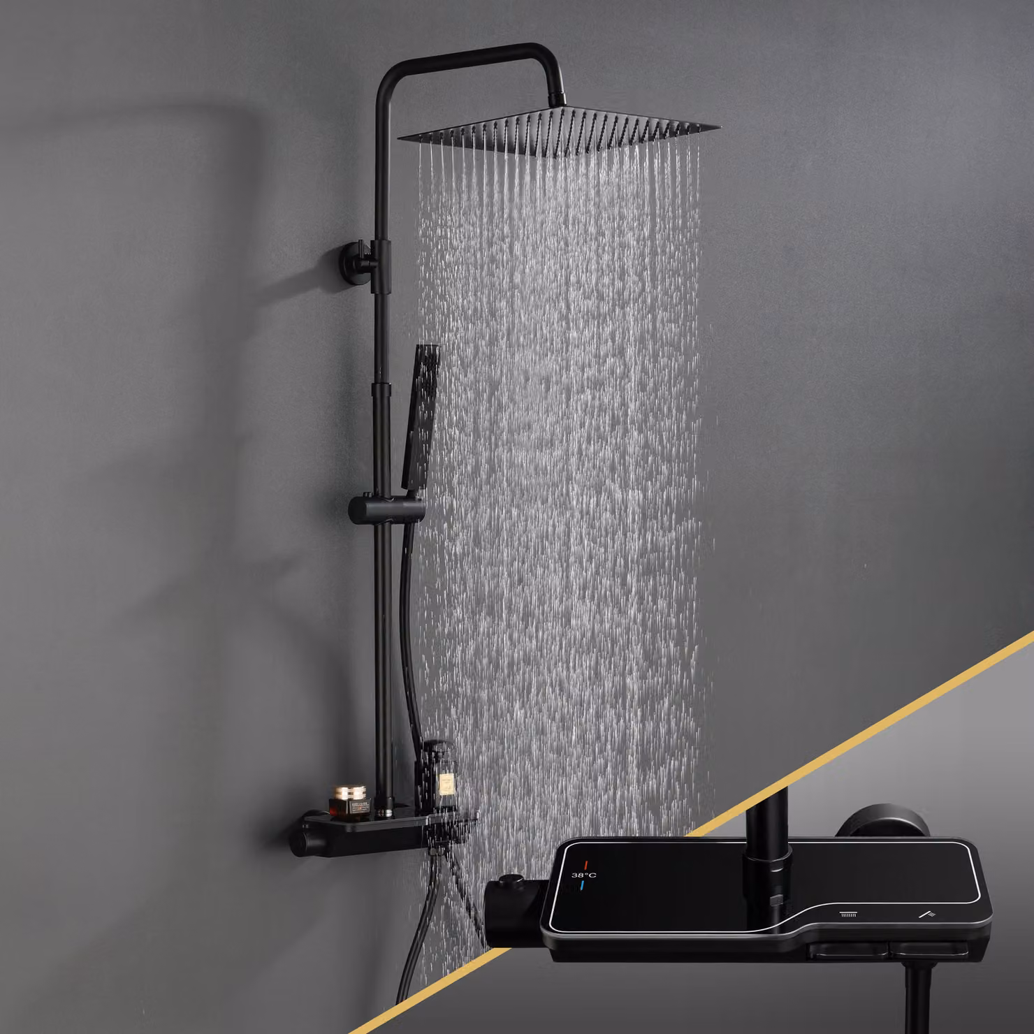 JOHO Nero con Termostatico in Acciaio INOX 304 Colonna Doccia Rubinetto con Soffione con Miscelatore, Set Doccia a Pioggia con Doccetta 30×30cm