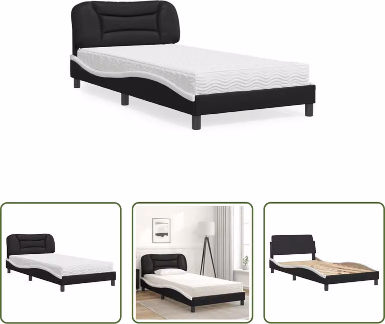 The Living Store Letto con materasso bianco e nero 100x200 cm in ecopelle