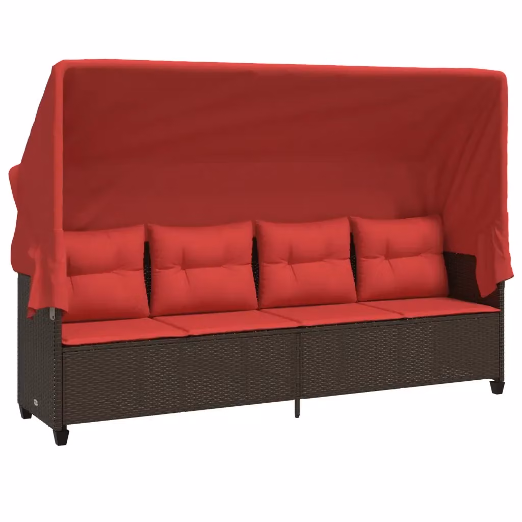 Lettino prendisole con baldacchino e cuscini vidaXL in polyrattan marrone e rosso L/P/H: 204 x 140 x 110 cm – 2
