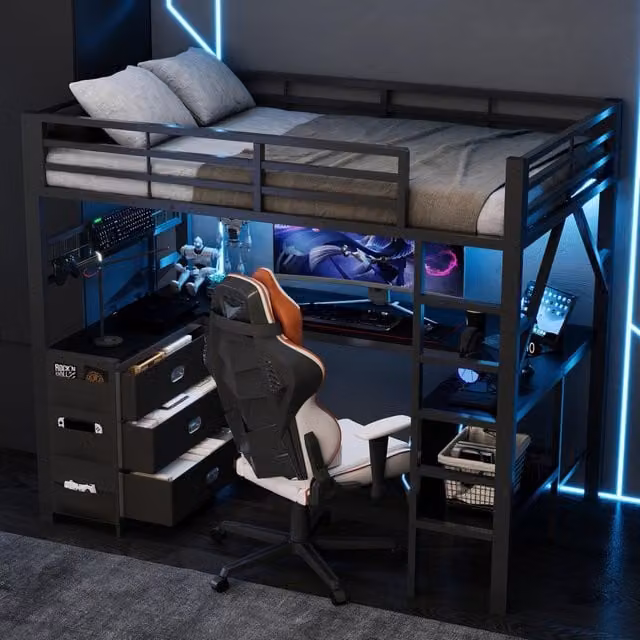 Letto a soppalco gaming ¨C Minimal ¨C metallo nero con cassetti scrivania led 90x200cm