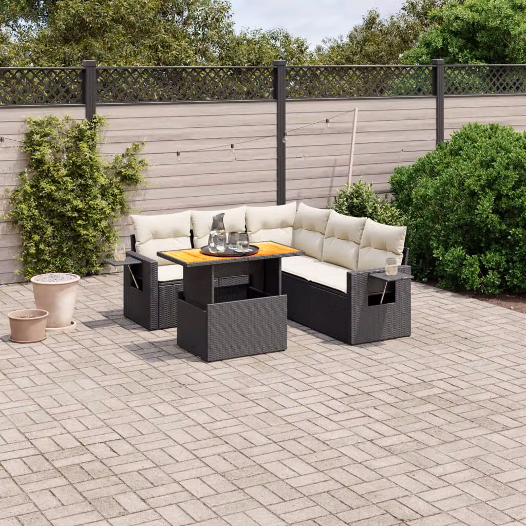 Set Divano da Giardino a L vidaXL in Polyrattan Nero con Cuscini e Tavolino da 6 Pezzi