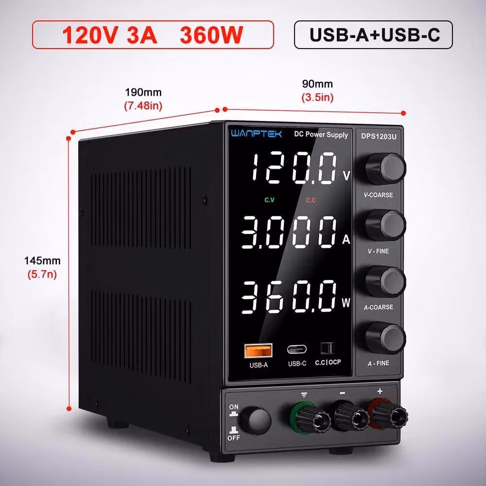 Alimentatore DC - DPS 120V 3A 360W, alimentatore da laboratorio - Tensione regolabile - Corrente regolabile - Uscita singola - Spina EU da 220V