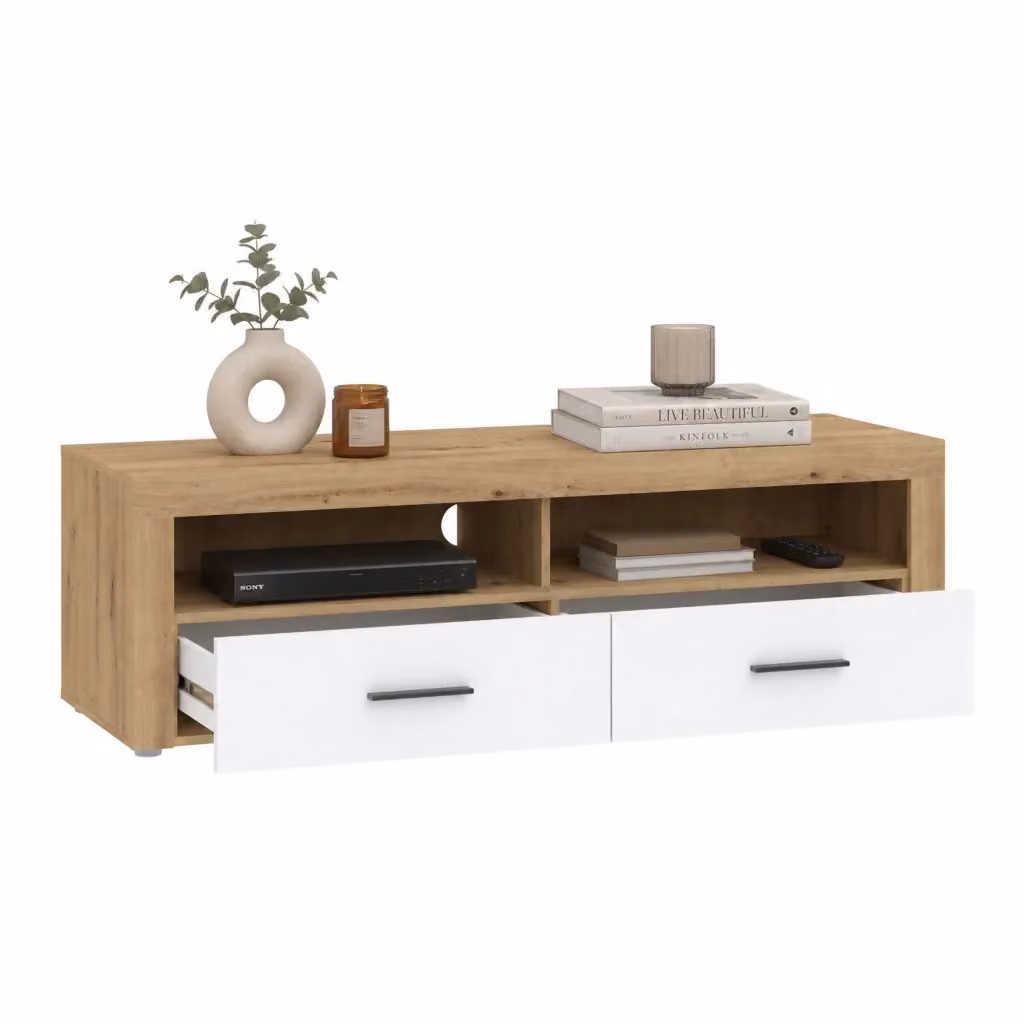DMORA Mobile Porta TV Moderno con 2 Cassetti, Bianco e Legno, L 155 cm x P 50 cm x H 48 cm – 2