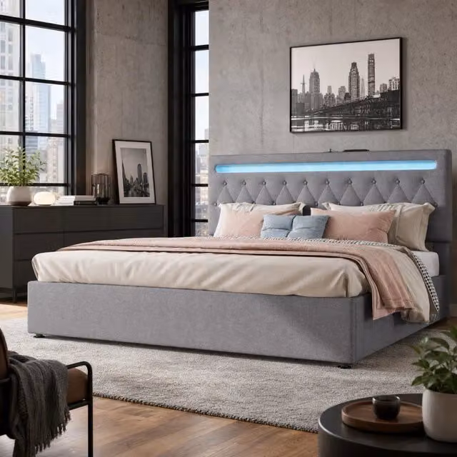 Letto imbottito 180x200 cm con contenitore; sollevamento idraulico; LED e USB; lino e MDF; grigio